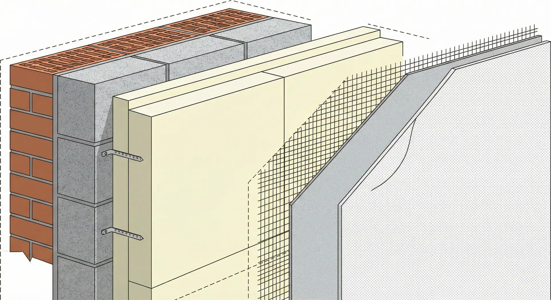 Schéma en coupe d'un mur isolé par l'extérieur : brique, bloc, panneaux isolants, treillis et enduit